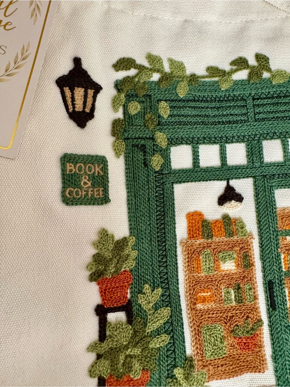 BOOK STORE & COFFEE SHOP Canvas Tote Book Bag Cats Plants Embroidered NWT - Picture 6 of 14
